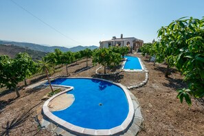 A pool area with a curved design, surrounded by a stone border and a small island. There are trees and a building in the background.