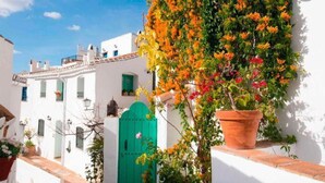 Um edifício branco com porta verde, telhado telhado e um vaso com flores laranjas.