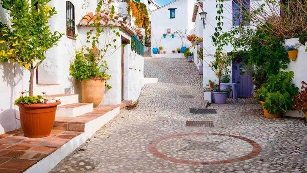 Uma rua estreita de calçamento, ladeada por edifícios brancos com vasos de terracota e plantas em vasos.