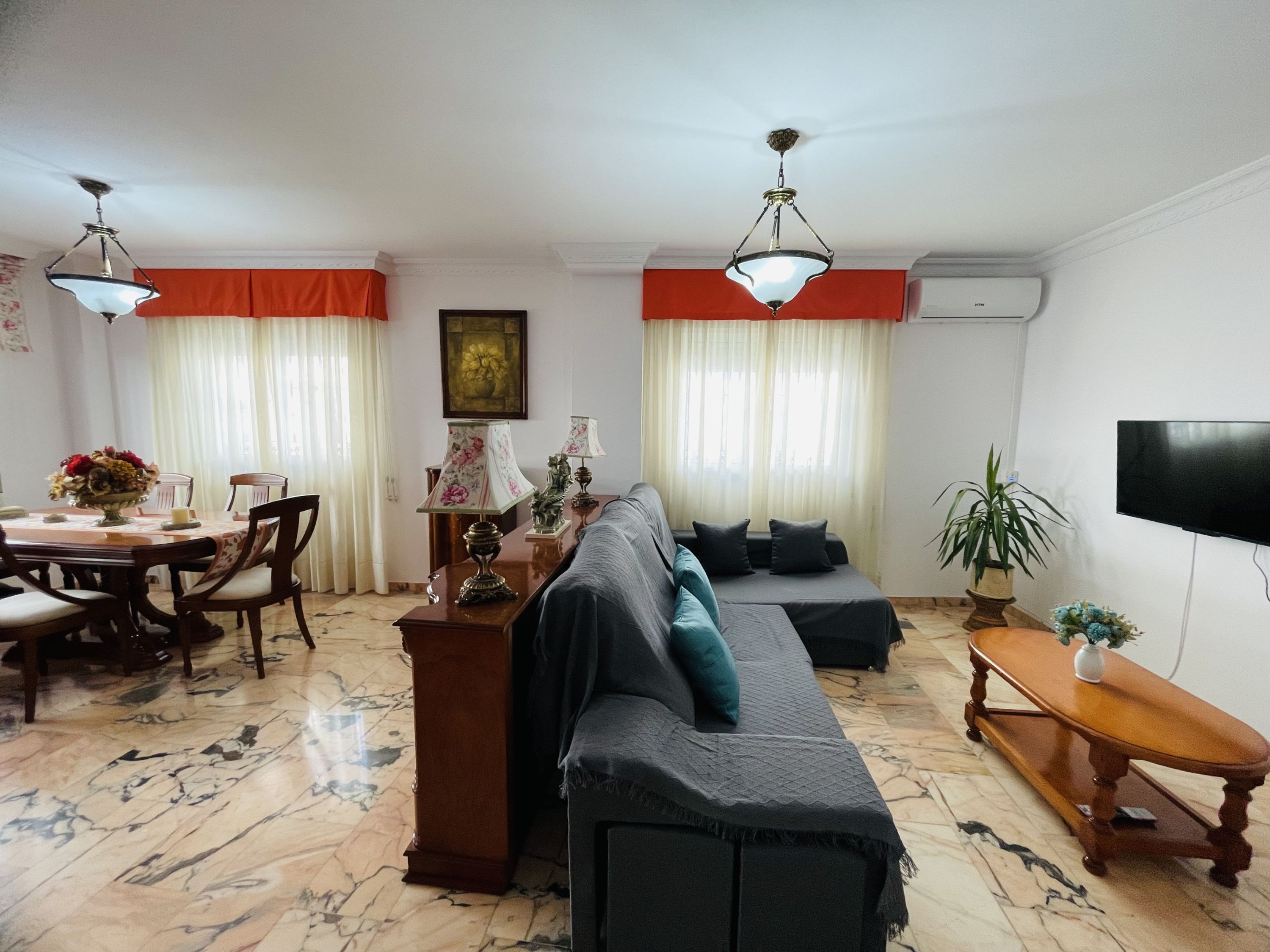 A living room with a sofa, a dining table with chairs, a TV, and a plant.
