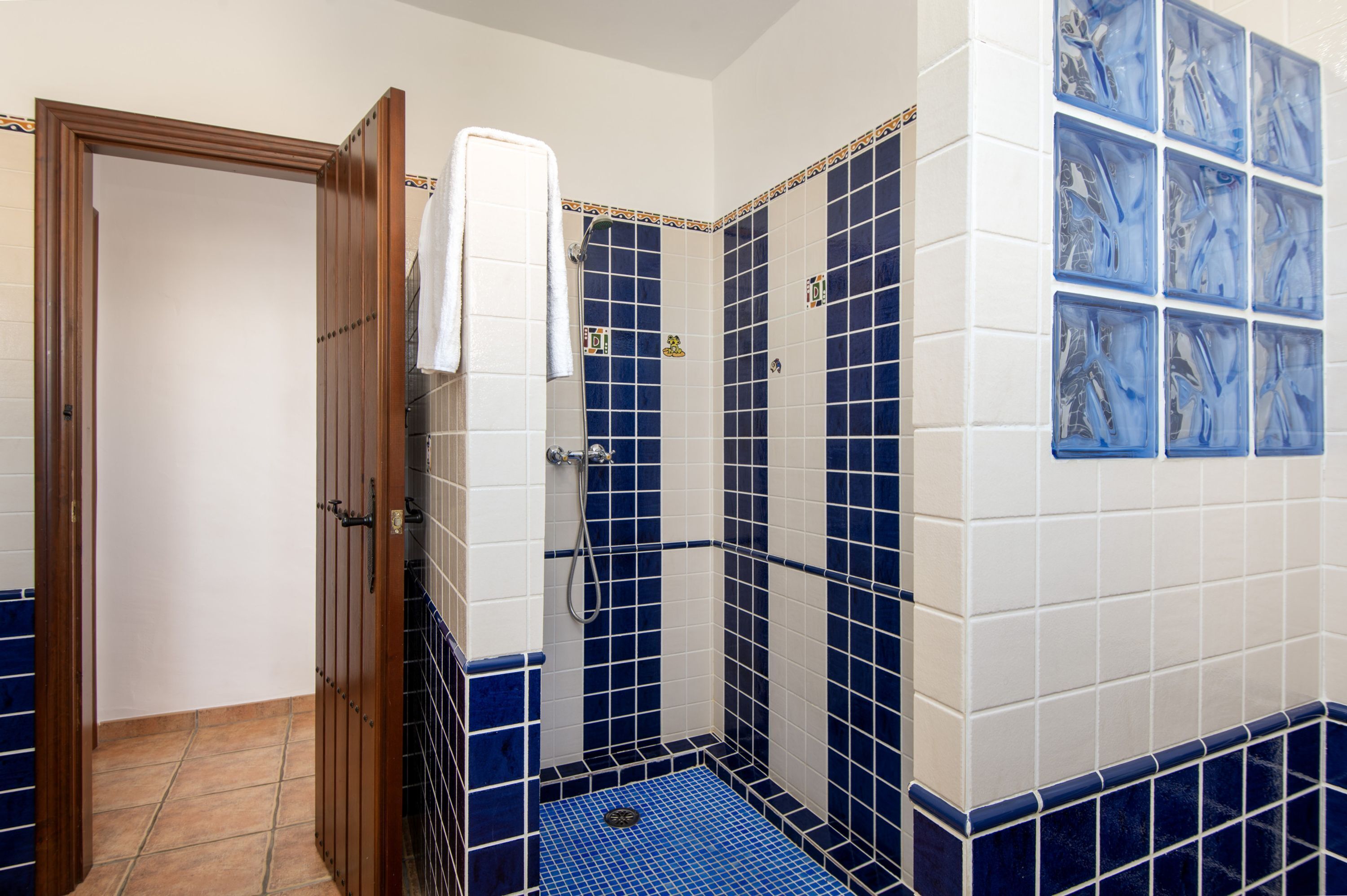 A bathroom with blue and white tiles, a shower area, and a door leading to another room.