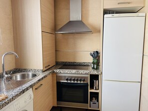 Una cucina compatta con lavello in acciaio inox, forno integrato e frigorifero.