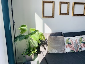 Een moderne woonkamer met een grijze bank, decoratieve kussens, een potplant en twee ingelijste foto's aan de muur.