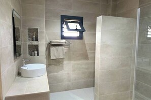 シャワー、ヘアドライヤー、タオル、トイレットペーパー