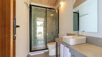 Shower, free toiletries, hair dryer, towels