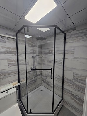 Shower, hair dryer, towels, toilet paper
