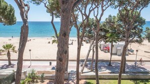 Vista de una playa con árboles, una orilla arenosa y un mar azul cristalino.