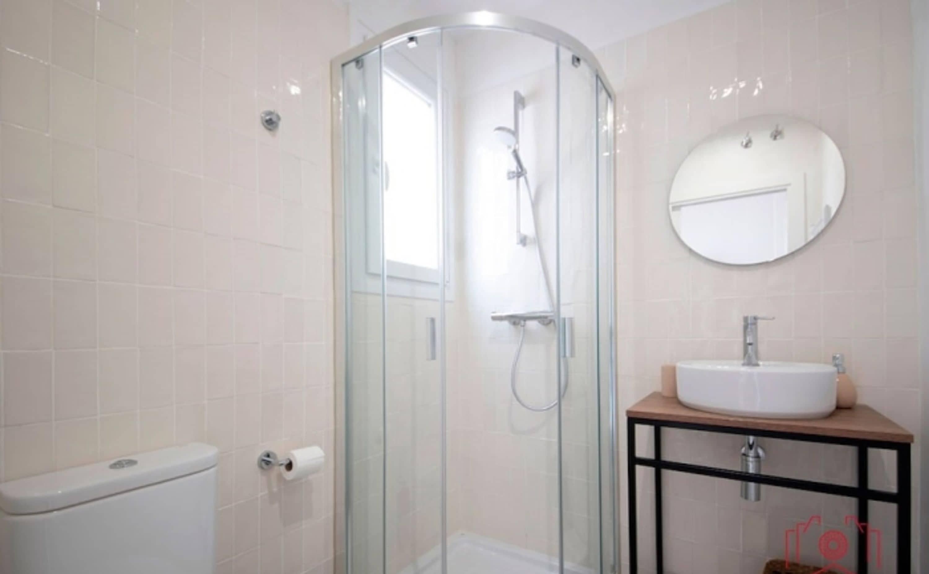 A modern bathroom with a glass-enclosed shower, a toilet, and a sink with a mirror above.