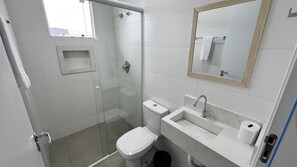 Hair dryer, towels, soap, toilet paper