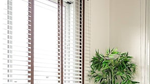 A wooden console table with a bowl and decorative item on the shelf, a potted plant, and a window with blinds.