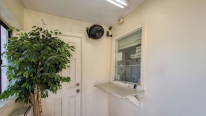A corner room with a door, a small window, a plant, and a ceiling fan.