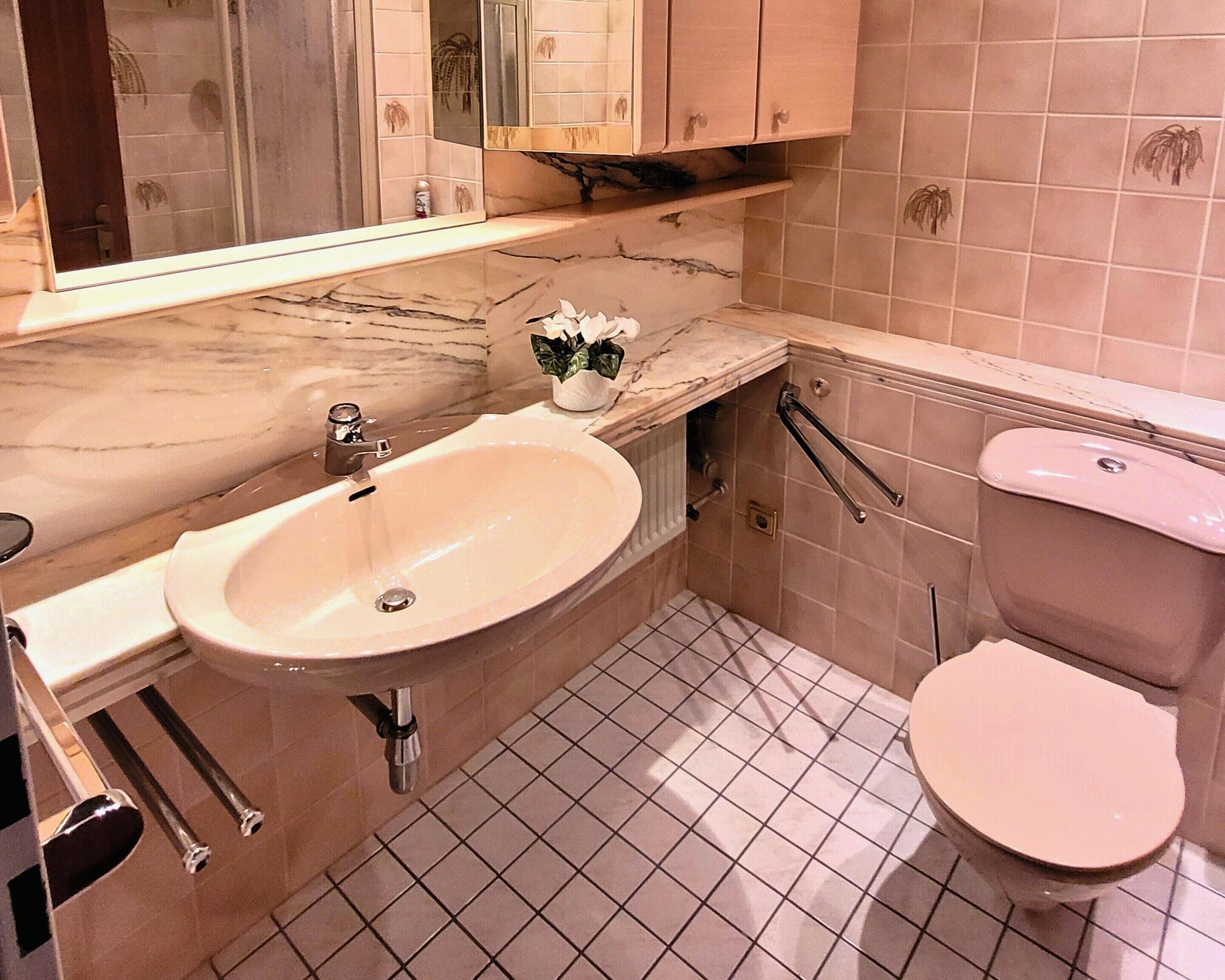 A bathroom with a marble sink, a toilet, and a mirror above the sink.