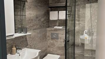 Shower, hair dryer, bidet, towels