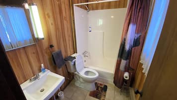 Shower, hair dryer, towels, toilet paper