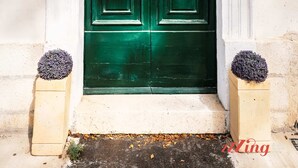 Dos puertas verdes dobles con una celosía metálica decorativa en la parte superior, flanqueadas por dos macetas cuadradas con objetos esféricos.