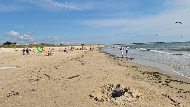 Una playa con gente, algunos volando cometas, y una orilla arenosa.