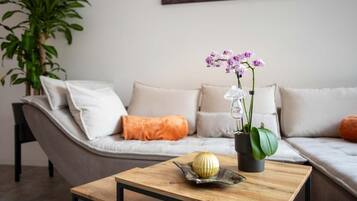Un salon moderne avec un canapé, des coussins, une table basse, une plante en pot et un luminaire suspendu.