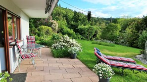 A patio with a table and chairs, a lawn chair, and a potted plant.
