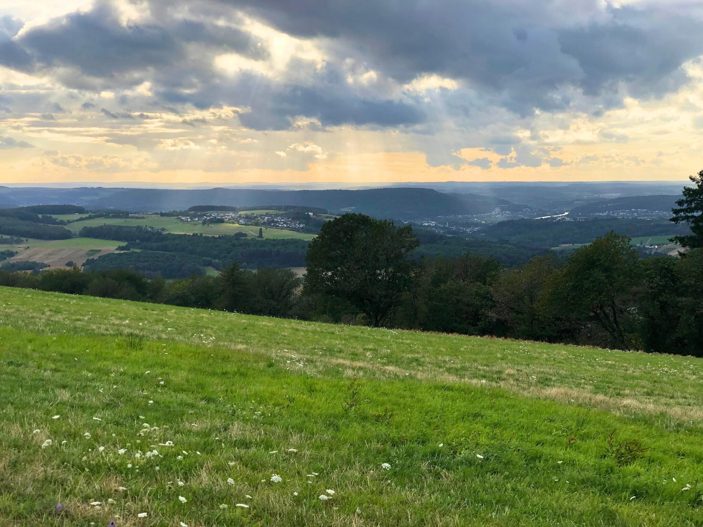 Ein grasbewachsener Hügel mit Blick auf ein Tal und entfernte Gebäude.