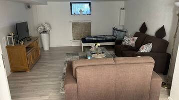A modern living room with a sofa, a coffee table, a TV, and a radiator.