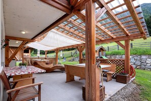 A wooden outdoor seating area with tables and benches, a covered section with a roof, and a stone wall in the background.