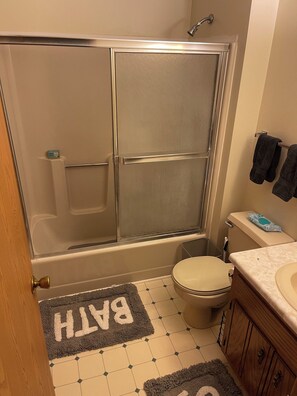 Shower, towels, soap, toilet paper