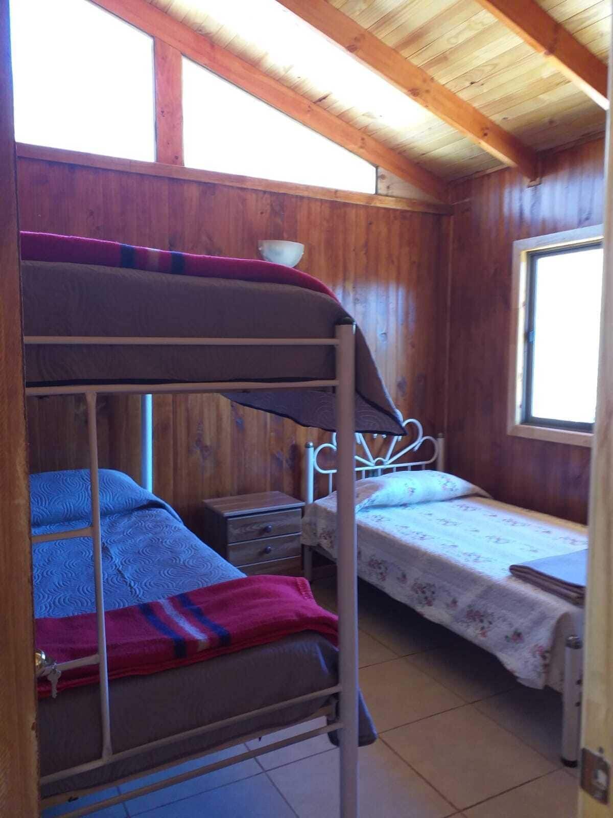 A bunk bed room with a wooden ceiling and walls, a small bedside table, and a window.