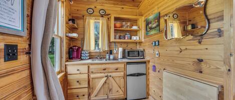 Fridge, microwave, coffee/tea maker, toaster