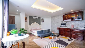 Hypo-allergenic bedding, desk, blackout drapes, soundproofing