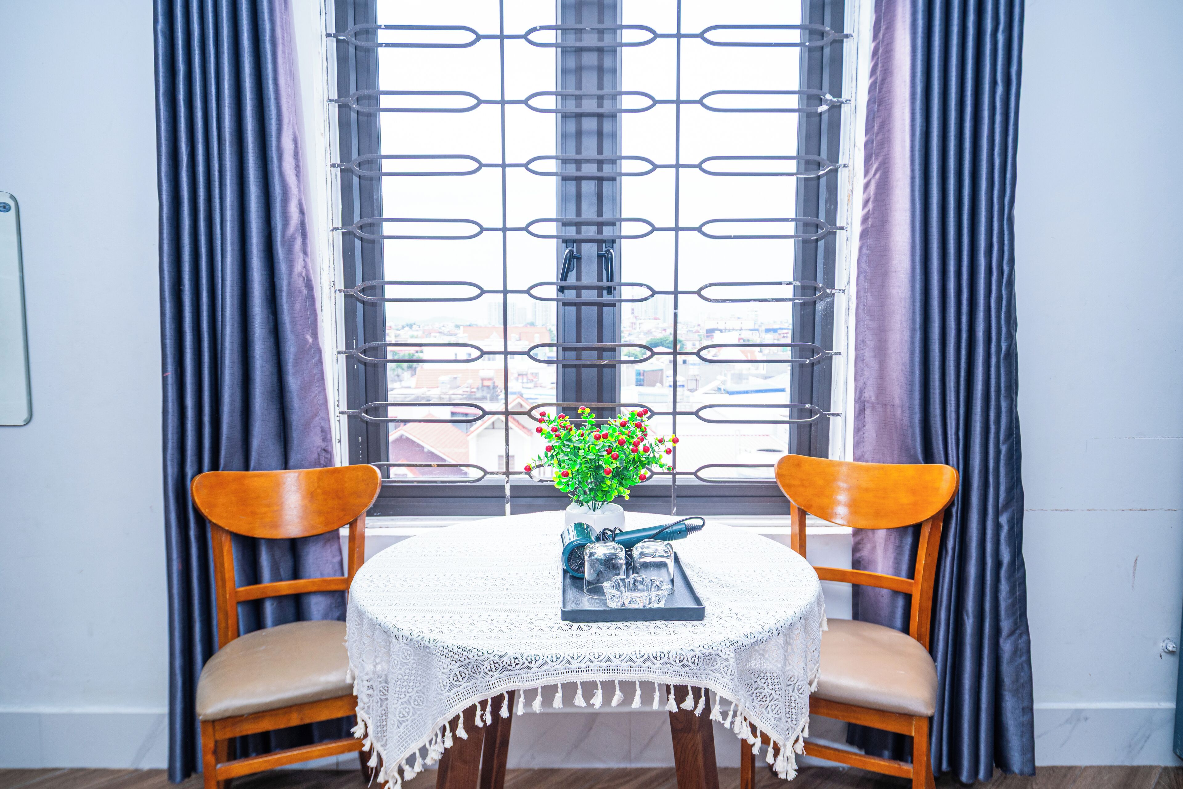 Hypo-allergenic bedding, desk, blackout curtains, soundproofing