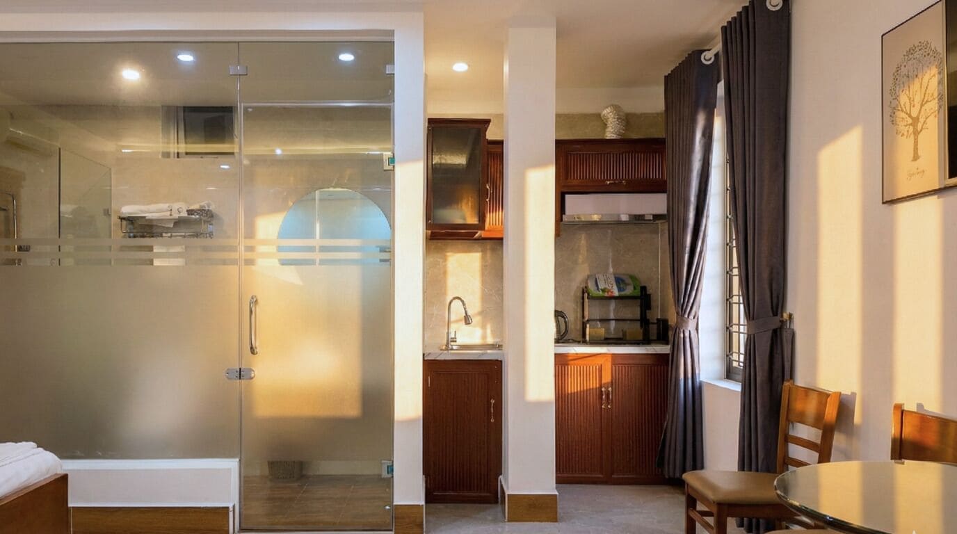 Hypo-allergenic bedding, desk, blackout curtains, soundproofing