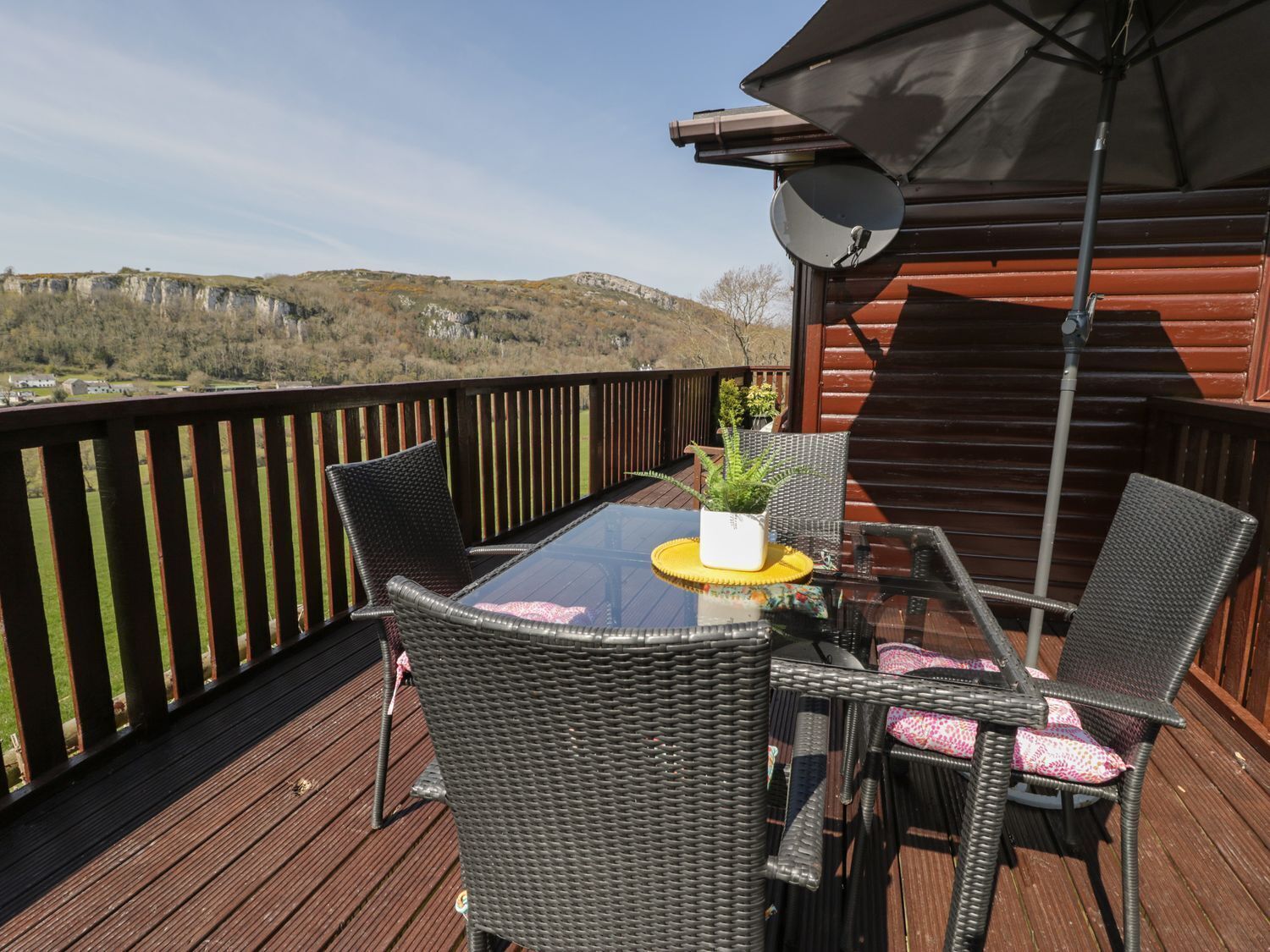 Een terras met rieten stoelen, een glazen tafel, een potplant en een schotelantenne.