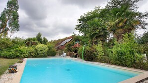 Une piscine bordée de pierres, entourée d’une végétation luxuriante, et une maison avec un toit en pente.