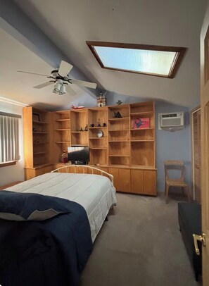 A bedroom with a bed, a ceiling fan, a skylight, a TV, and a built-in bookshelf.