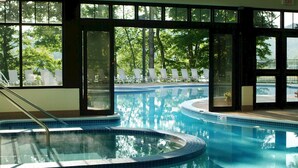 Una amplia piscina interior con paredes de vidrio transparente, que ofrece vistas a los árboles circundantes.