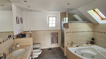 Douche, baignoire à jets, serviettes fournies, savon