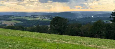 A grassy hill with a view of a valley and distant buildings.
