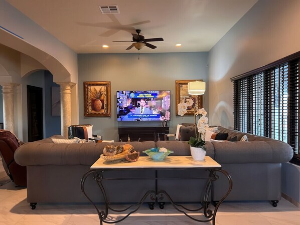 TV, fireplace, books