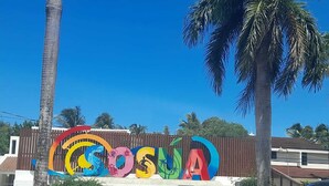 A colorful sign with the word "COSUÁ" and two spherical decorations on a paved area with palm trees.