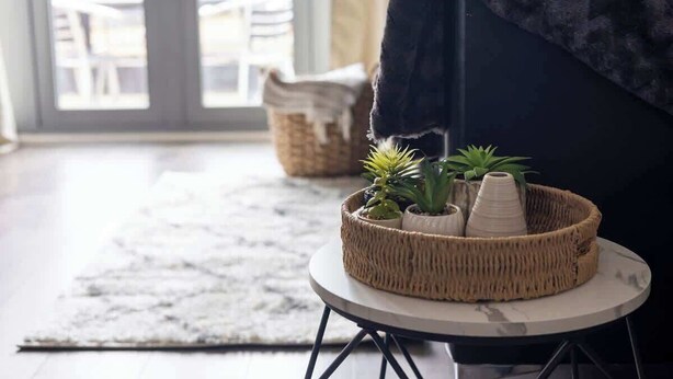 Una cesta de mimbre con plantas sobre una mesita redonda, un sofá oscuro y vistas de una zona de estar al aire libre a través de un ventanal.