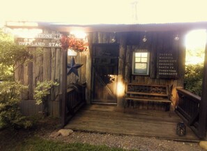 Exterior detail - Hunting Cabin Rustic Handcrafted primitive sits in our unique rustic Cowboy Town (Pittsford)