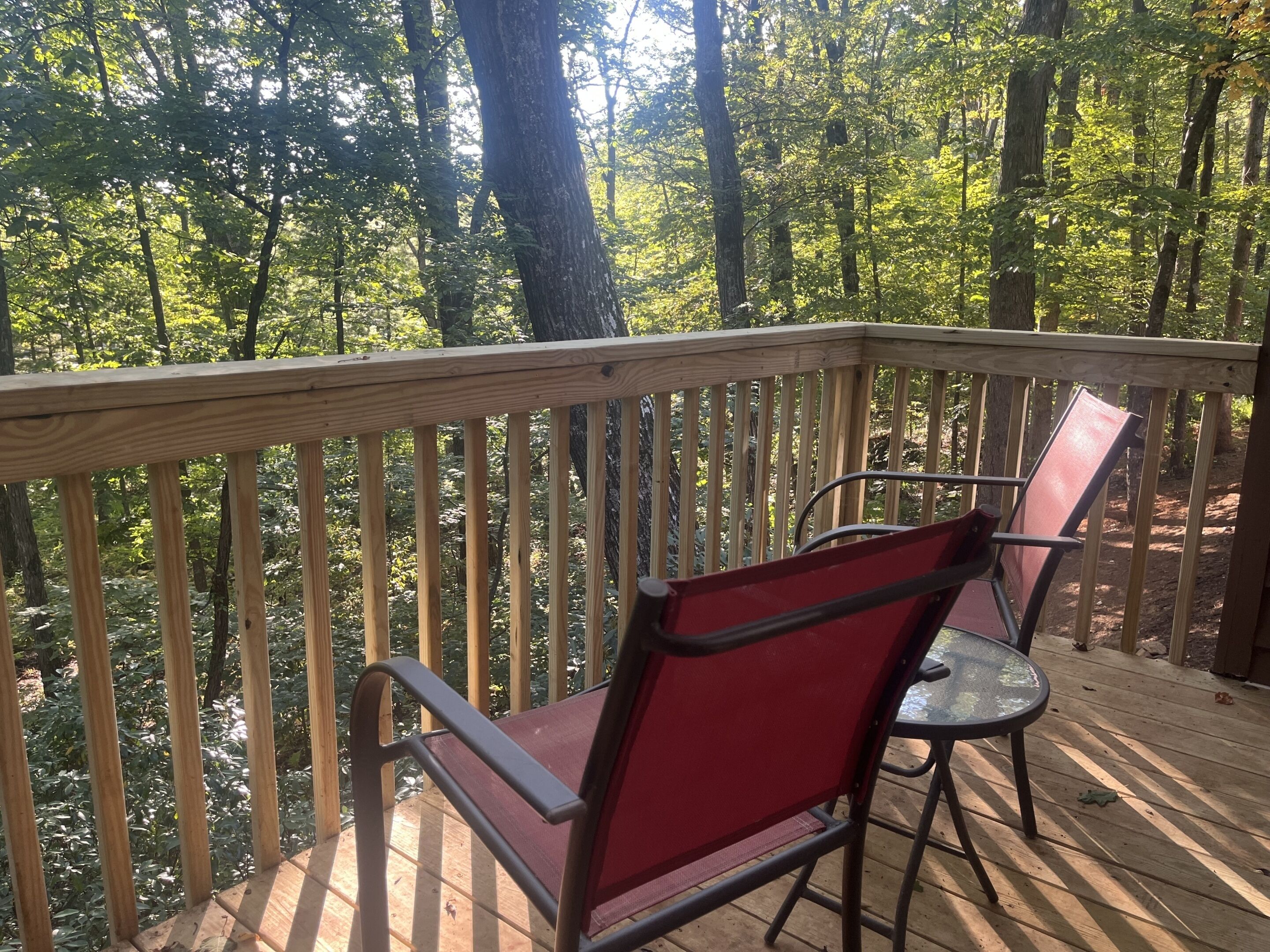 Une terrasse en bois avec deux chaises rouges et une table en verre, entourée d’une forêt.