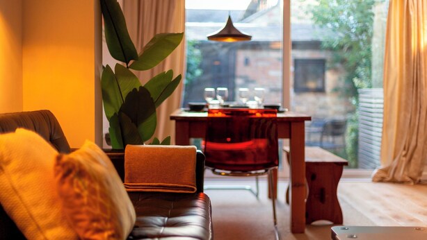 Un salon chaleureux avec un canapé en cuir, une table à manger avec des chaises, une grande plante et une vue sur l’extérieur.