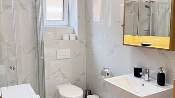 Shower, hair dryer, towels, soap