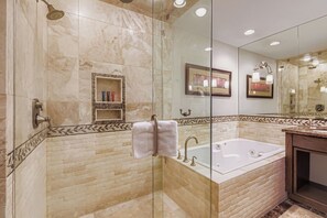 Shower, jetted bath, hair dryer, towels