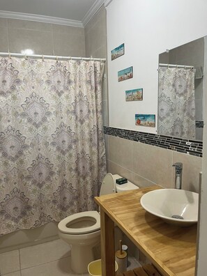 Hair dryer, towels, soap, toilet paper