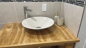 Hair dryer, towels, soap, toilet paper