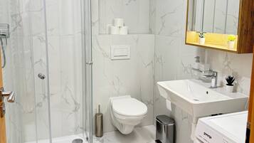 Shower, hair dryer, towels, soap