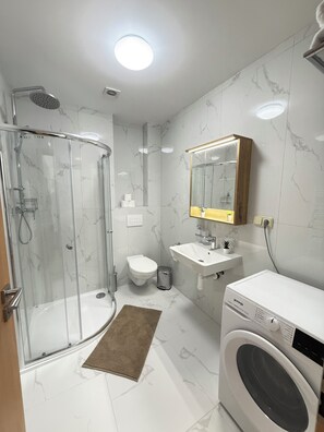 Hair dryer, towels, soap, toilet paper