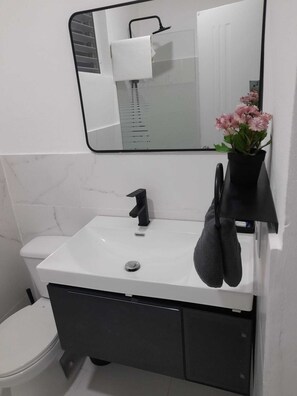 Chuveiro, secador de cabelo, toalhas de banho, sabonete